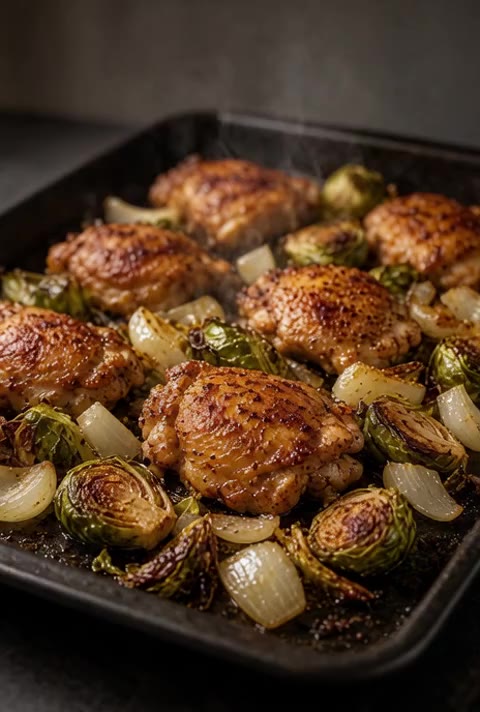 Chicken Thighs with Brussels Sprouts and Onion