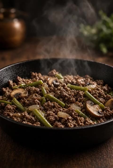 Ground Beef Skillet with Green Beans and Mushrooms