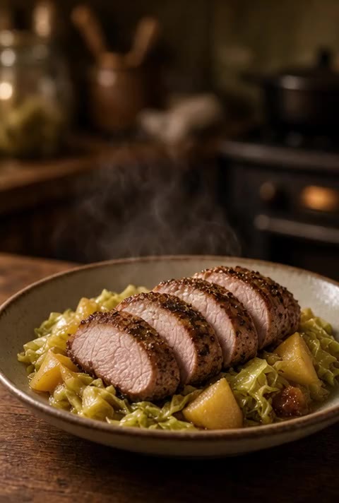 Pork Tenderloin with Cabbage and Apples
