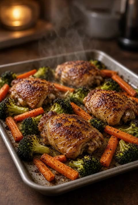 Sheet-Pan Chicken Thighs with Broccoli and Carrots