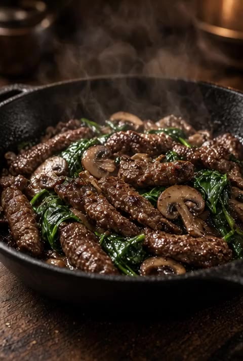 Sirloin Strips with Mushrooms and Spinach